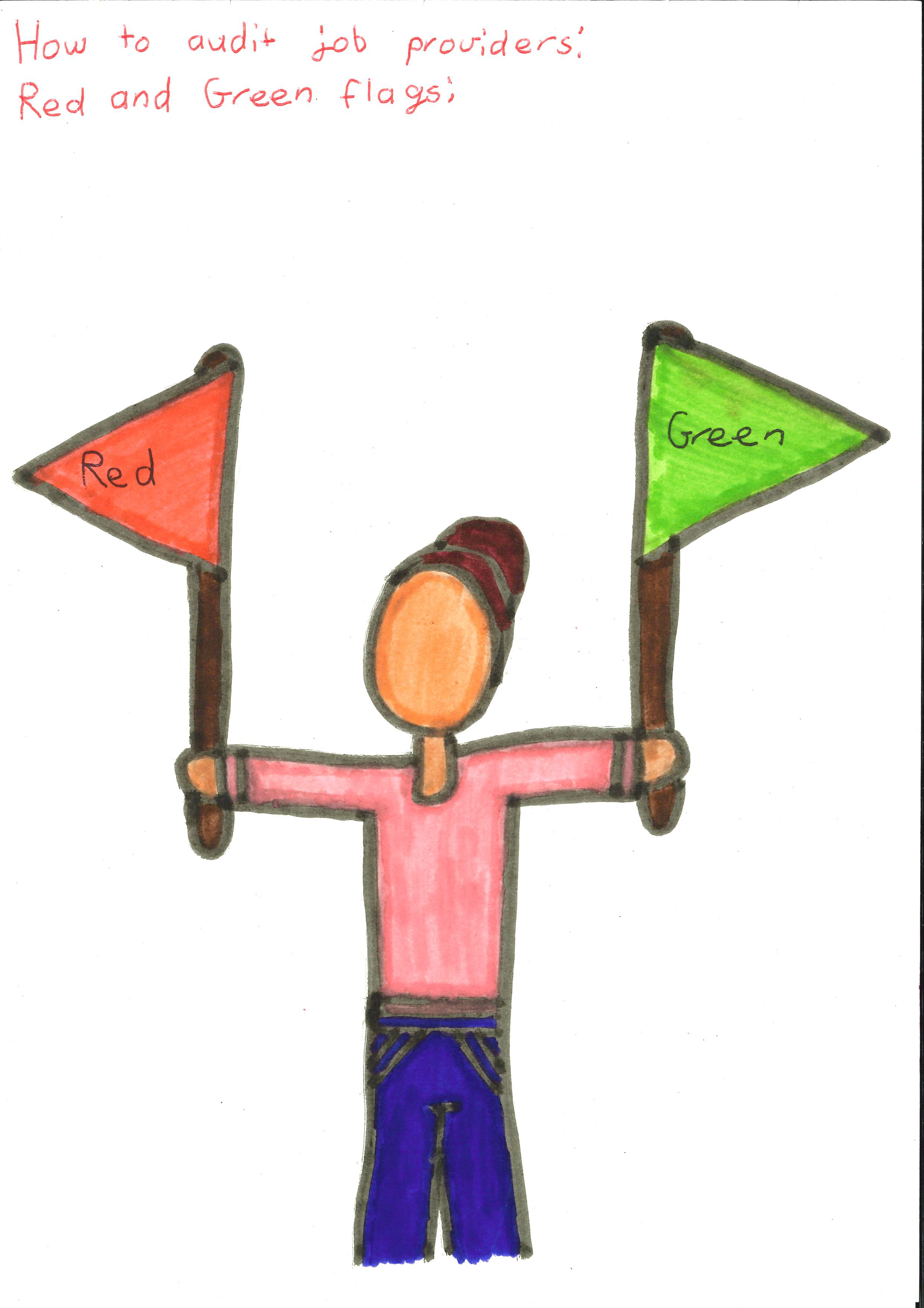 A hand drawn picture of a person holding up a red flag and a green flag.  