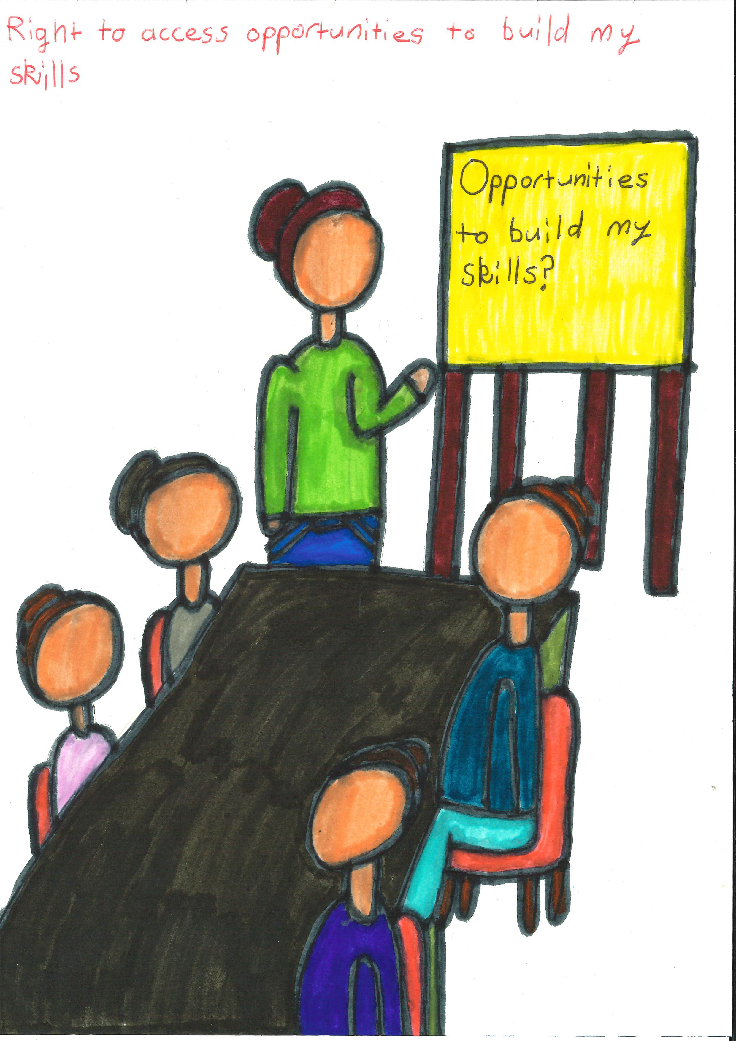 A hand drawn picture of people sitting around a desk, with a person standing and pointing at a whiteboard with texts that reads "opportunities to build my skills?"   