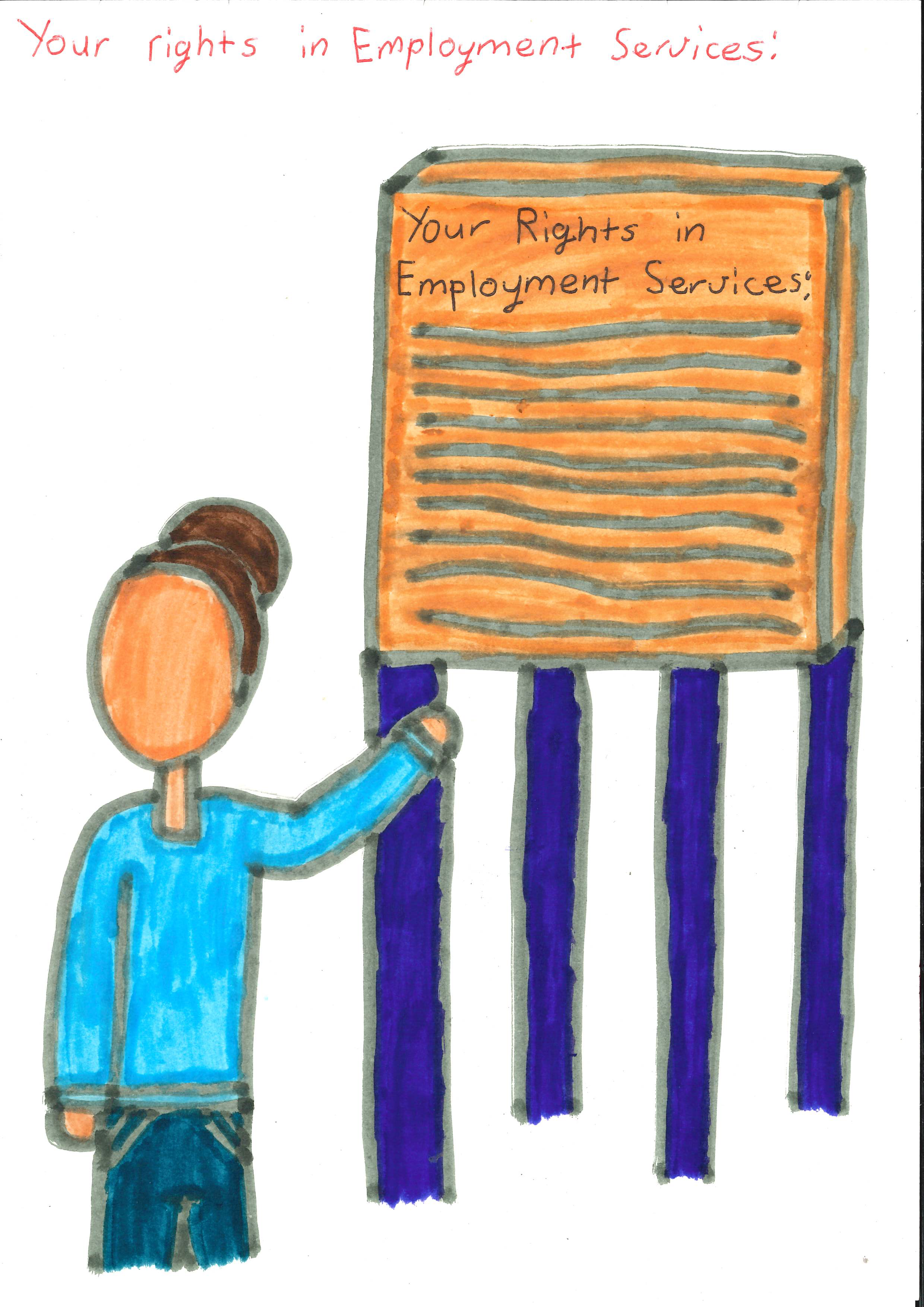 A hand drawn picture of a person pointing to the right, above them are two boxes one with a tick and one with a cross.  