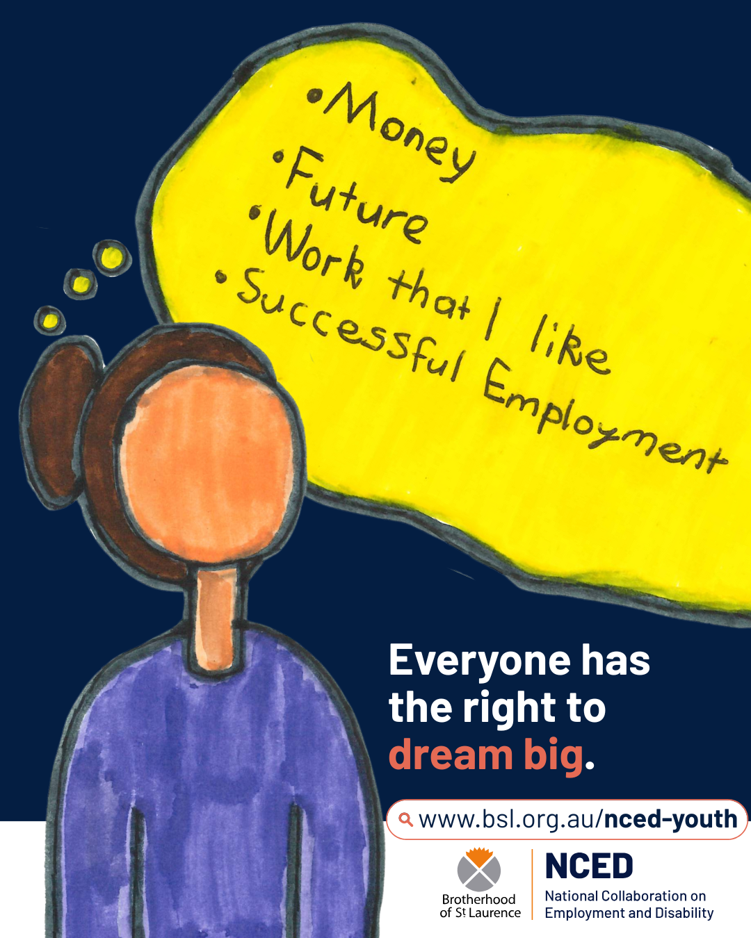 A hand drawn picture of a person with a thought bubble with handwritten text that reads “Money, Future, Work that I like, Successful Employment”. Below the speech bubble it says 'Everyone has the right to dream big', followed by a web address in a browser symbol and the Brotherhood of St laurence logo.  